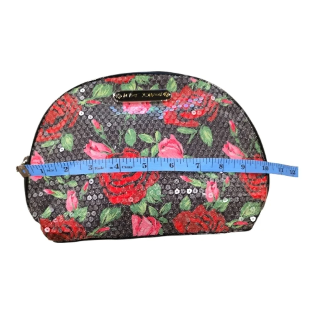 Betsey Johnson Sequined Rose Cosmetic Bag Set of 2 Black Floral Zip Closures